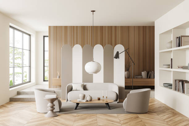 istock Light living room interior with seats and stylish decoration, panoramic window 1434111849