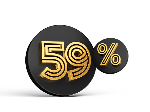 Royal Gold Modern Font. Elite 3D Digit Letter 59% Fifty Nine percent on Black 3d button icon 3d Illustration