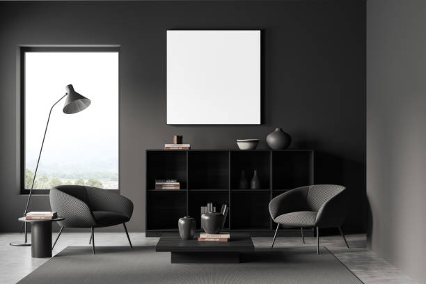 istock Grey living room interior with chairs and shelf, panoramic window. Mockup frame 1434111957