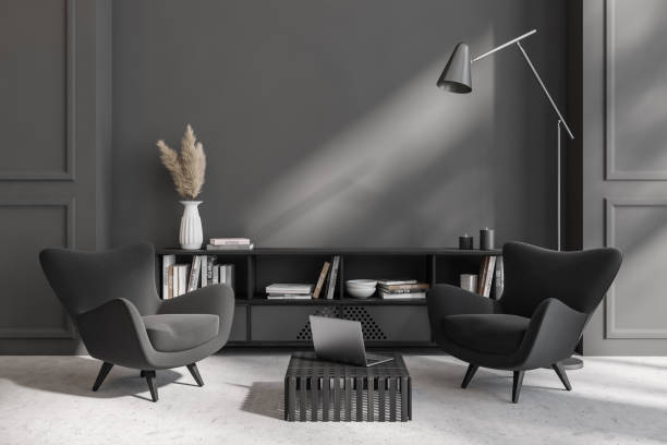 istock Grey chill room interior with chairs and drawer. Mockup empty wall 1434112003