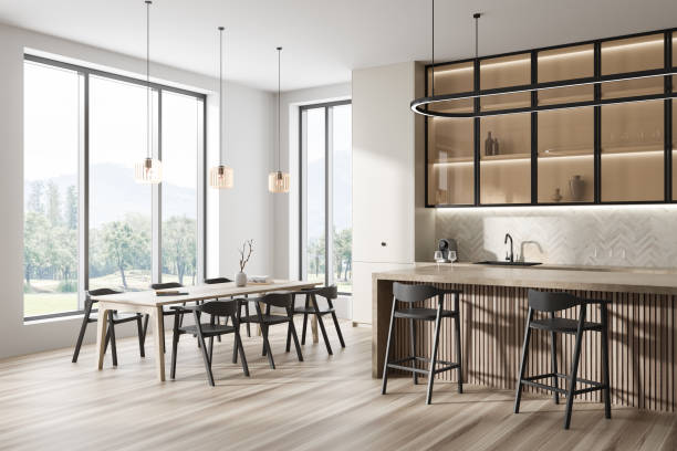 istock Modern kitchen interior with dining and cooking zone with countertop, window 1434112040