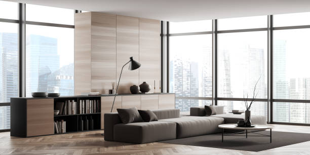 istock Light relax room interior with sofa and dresser, panoramic window 1434112161