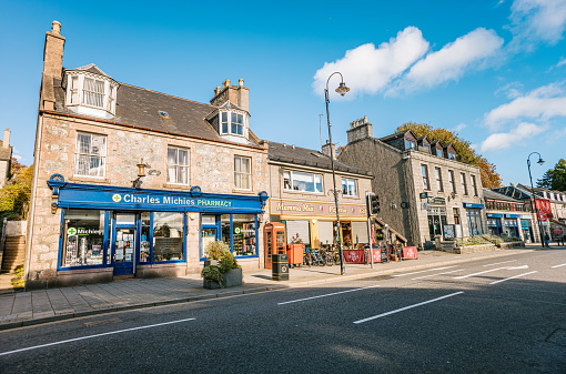 The main street running through the centre of the town of Banchory in the Aberdeenshire region of Scotland.