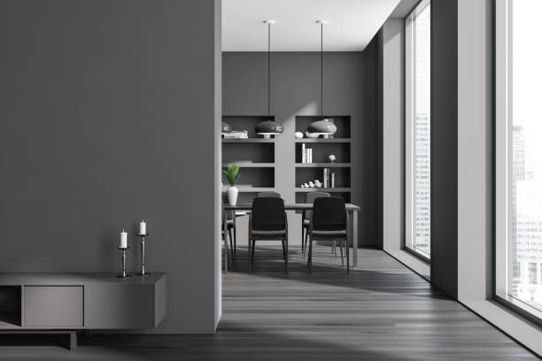 istock Grey guest room interior with chairs and drawer, panoramic window. Mockup wall 1434112227