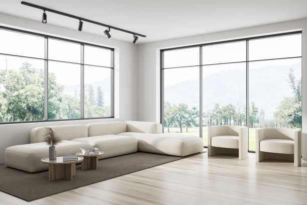 istock Stylish living room interior with couch and coffee table, panoramic window 1434113085