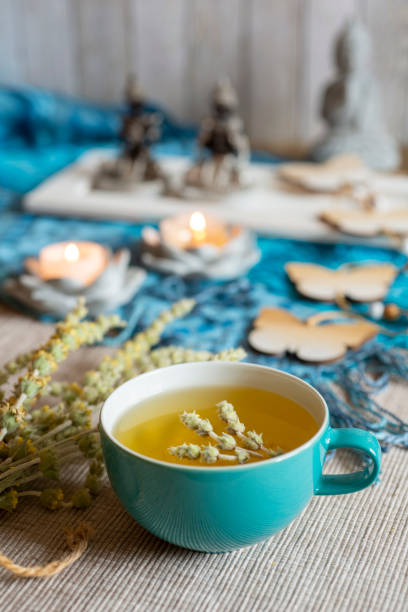 istock Tea in a turquoise cup with decoration - Greek mountain tea, herbal tea, white tea 1434113229