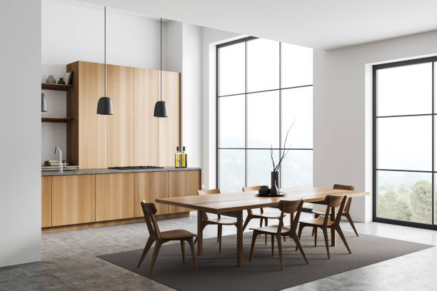 istock Light kitchen interior with table and chairs, cooking and eating area, window 1434113274