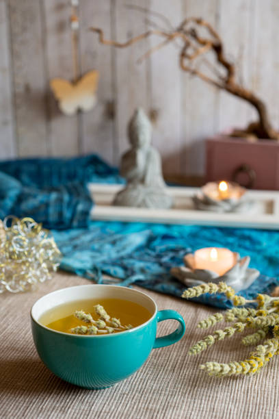 istock Tea in a turquoise cup with decoration - Greek mountain tea, herbal tea, white tea 1434113461