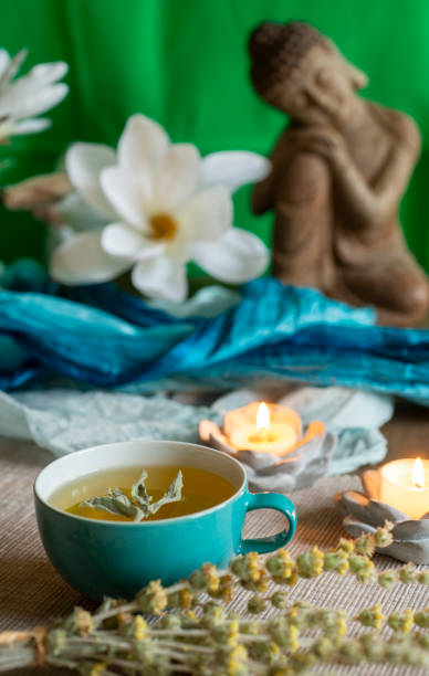 istock Tea in a turquoise cup with decoration - Greek mountain tea, herbal tea, white tea 1434114414