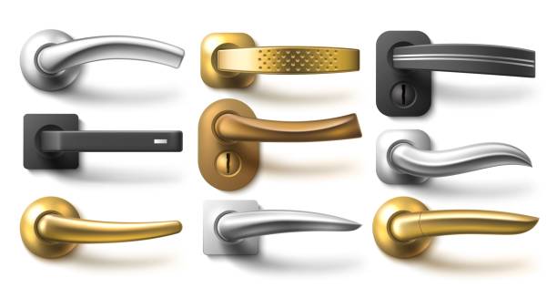 Realistic door handles. Different metal furniture and interior accessories, steel straight classic and curved modern handles. Entry in room. Silver and golden 3d elements, utter vector set Realistic door handles. Different metal furniture and interior accessories, steel straight classic and curved modern handles. Entry in room. Silver and golden 3d isolated elements, utter vector set door handle stock illustrations