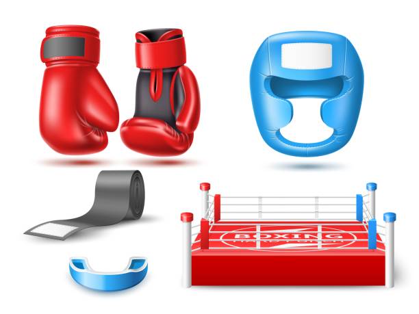 istock Realistic boxing sports accessories. Fighting sport elements, 3d isolated objects, gloves, helmet, mouth guard and ring, uniform and protection equipment, sportswear for punch utter vector set 1434115411