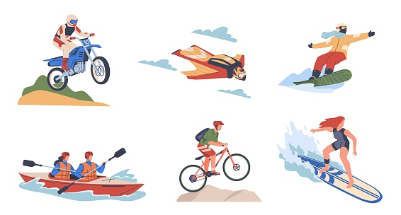 Extreme people. Sportive characters, men and women speed and risk lovers, flat persones riding motorcycle and bicycle, athletes in gear, outdoor activities, adrenaline search, nowaday vector set