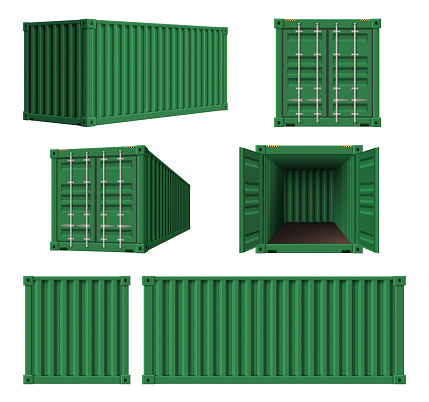 Steel containers. Realistic cargo cage shipping steel containers decent vector template collection of container package shipment illustration