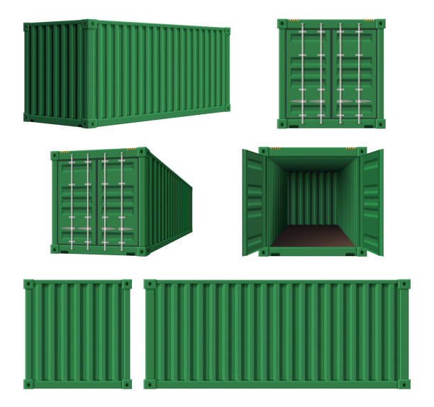 Steel containers. Realistic cargo cage shipping steel containers decent vector template collection Steel containers. Realistic cargo cage shipping steel containers decent vector template collection of container package shipment illustration cargo container stock illustrations