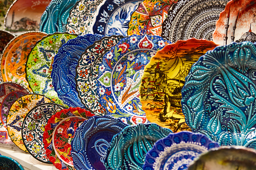 Turkish traditional colored ceramic plates in grand bazaar. Istanbul, Turkey