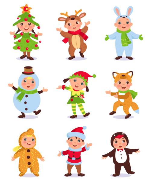 illustrazioni stock, clip art, cartoni animati e icone di tendenza di bambini carini in costumi natalizi. bambini divertenti con vestiti da vacanza. personaggi di capodanno. festa di natale. abiti festivi per bambini. elfo di babbo natale e abbigliamento animale. splendido set vettoriale - fairy penguin