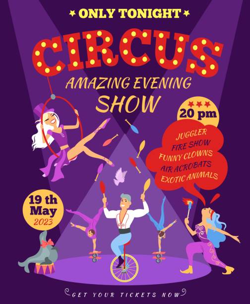 ilustraciones, imágenes clip art, dibujos animados e iconos de stock de cartel de espectáculo de circo de dibujos animados. invitación con diferentes intérpretes. trucos de actores. acróbatas en monociclo. gimnastas y animales. actuación de diversión de malabaristas. espléndido diseño de folleto vectorial - traditional festival juggling women performer