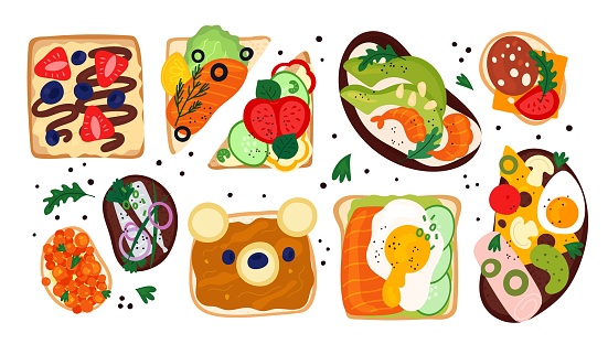 Sandwiches top view. Toasts with different product ingredients. Tasty lunch snack. Vegetables and salmon pieces on bread slice. Bruschetta with toppings and fruits. Brunch appetizer. Garish vector set