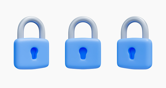 3D render blue closed lock minimal style icon set. Safety, security, and protection concept.