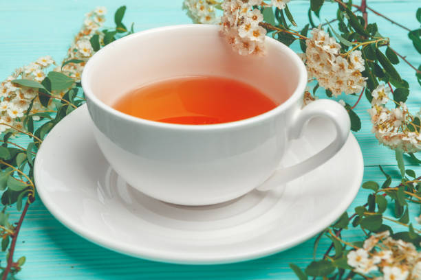 istock Green tea in a ceramic cup with branches of blossoming tree branches 1434118814