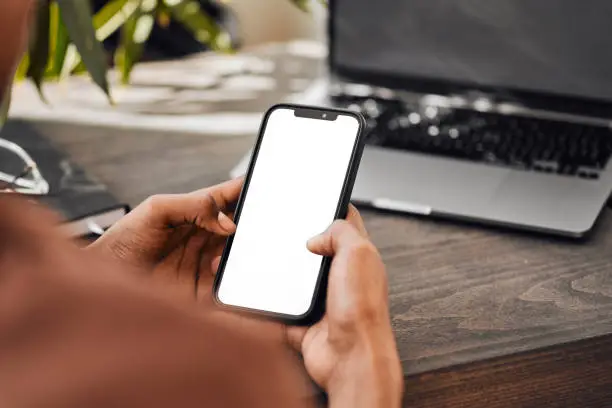 Photo of Hands, mockup phone screen and mobile app for brand advertising, marketing space or web design. Person typing blank space smartphone, social media online blog or 5g website network connection on tech