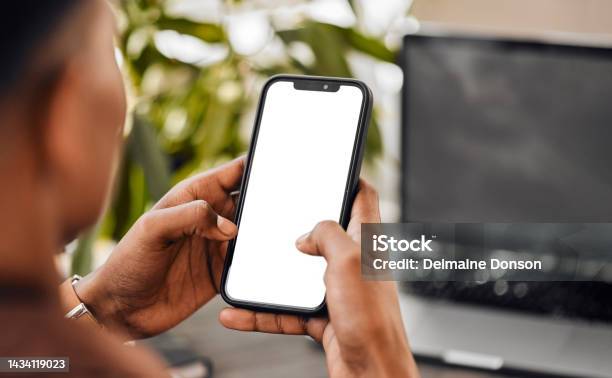Black Man Hands And Phone Mockup At The Office For Communication Social Media Or Texting At Work For Business African American Male Hand With Mock Up Screen On Mobile Smartphone Typing Text Or Sms Stock Photo - Download Image Now