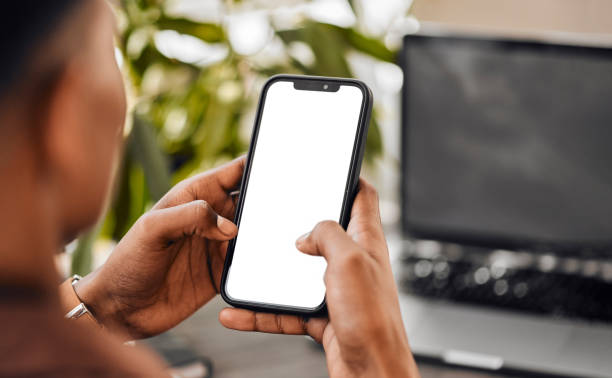 black man, hands and phone mockup at the office for communication, social media or texting at work for business. african american male hand with mock up screen on mobile smartphone typing text or sms - skärm bildbanksfoton och bilder