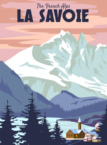 la savoie skigebiet poster, retro. winterkarte vintage - mont blanc ski slope european alps mountain range stock-grafiken, -clipart, -cartoons und -symbole