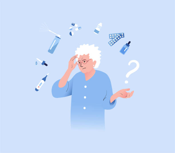 ilustrações, clipart, desenhos animados e ícones de mulher idosa preocupada em tomar pílulas para tomar remédios. - senior adult retirement question mark worried