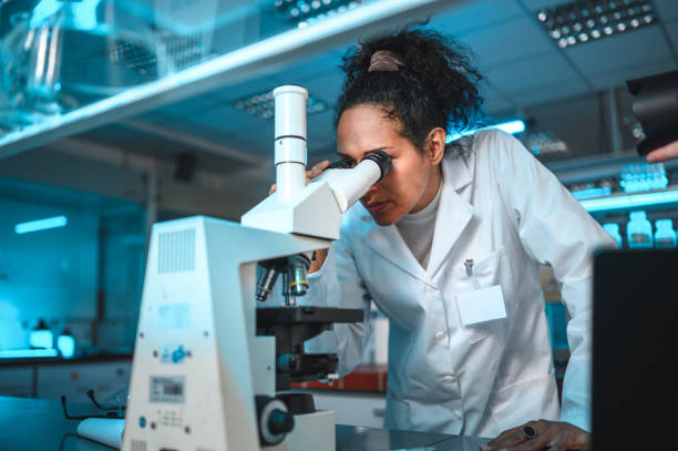 recherche scientifique effectuée par une femme chimiste - microscope laboratory scientist women photos et images de collection