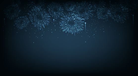 Happy New Year Abstract background with  fireworks. Bright fireworks  on dark blue background, geometric design.Technology style, Concept for holiday decor.