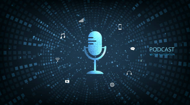 Illustration of Podcast icon with circle wave vector background. Illustration of Podcast icon with circle wave vector background. Podcast logo, Microphone icon on dark blue background. arts backgrounds audio stock illustrations