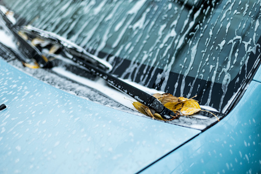 High-pressure washing car outdoors, leaves on the front window