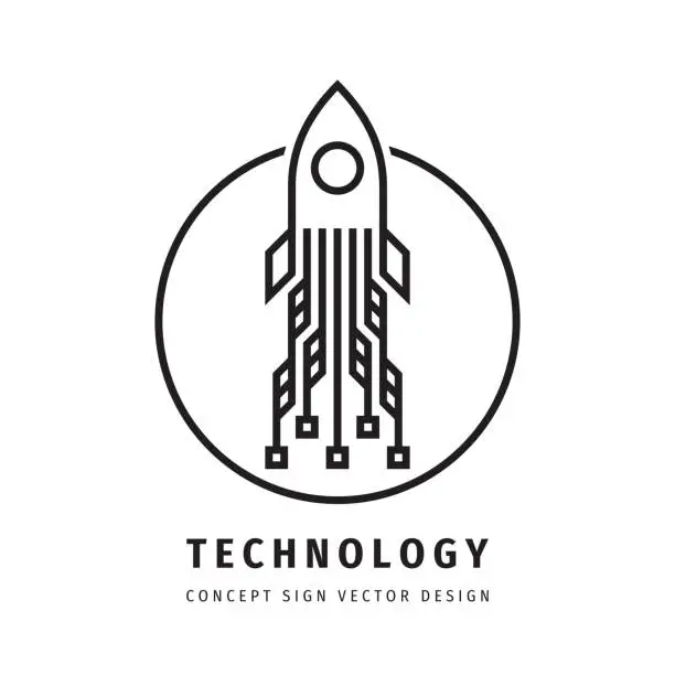 Vector illustration of Spaceship rocket technology concept sign design. Speed transport symbol. Modern logistic delivery sign. Network communication. Vector illustration.