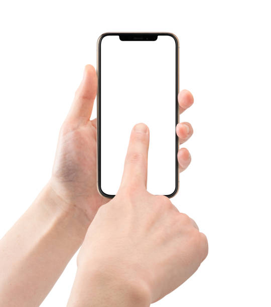 istock Operating smartphone with index finger, Copy space, White background 1434123004