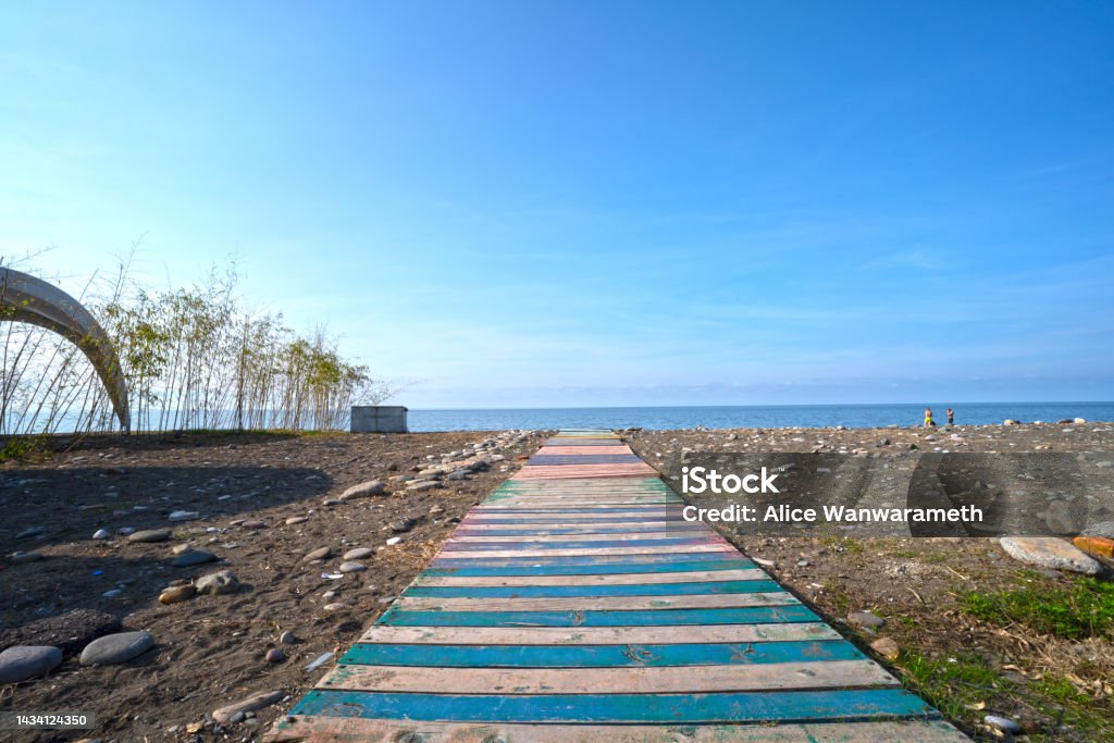 Colorful timber pathway on Black sea beach at Batumi City Adjara Georgia 16 October 2022 Adjara Stock Photo