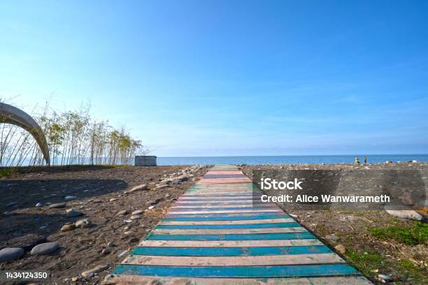 Colorful Timber Pathway On Black Sea Beach At Batumi City Adjara Georgia 16 October 2022 Stock Photo - Download Image Now