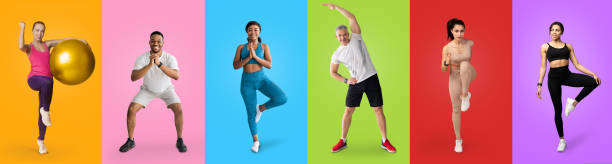 Athletic people doing different workouts, set of full length shots