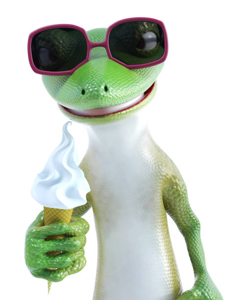 3D rendering of a cool gecko eating ice cream.