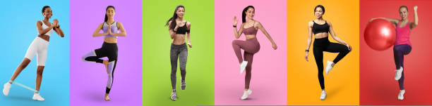 istock Active millennial ladies exercising on colorful backgrounds, panorama 1434126175