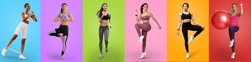 Active multiracial millennial ladies in sportswear smiling while exercising on colorful studio backgrounds, panorama, full length photos, collage for healthy lifestyle, fitness, yoga, gym for women