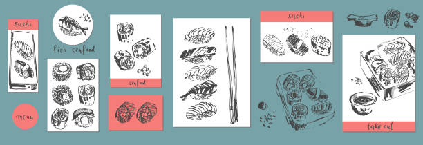 Hand drawn ink sketch of sushi, sashimi, rolls, soy sauce, sticks set Hand drawn ink sketch of sushi, sashimi, rolls, soy sauce, sticks set. Asian food illustration for menu design, food background, japanese cuisine design. cartoon of the sushi plate stock illustrations