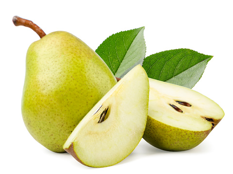 Ripe pear, half and piece close-up on a white background. Isolated