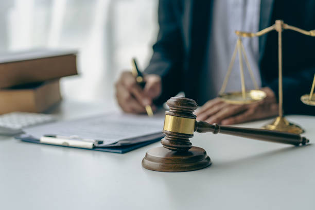 Judge's Hammer, Scales of Justice, Law Tigers, Lawyer's concept, protecting clients in order to win cases or gain the best legal interest. stock photo