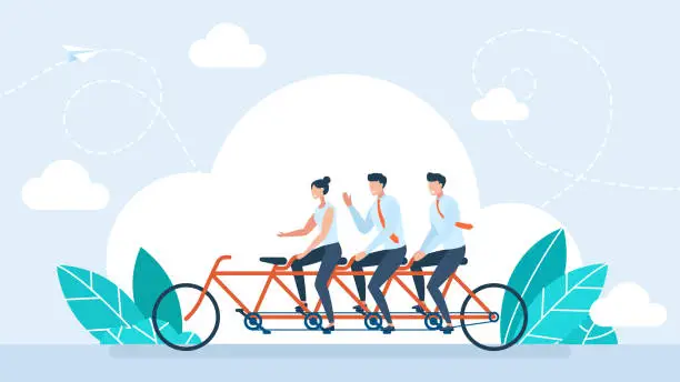 Vector illustration of Search for a new manager in business team. Vacancy for a managerial position. The place of the boss. A friendly team rides a tandem bicycle without a boss. Flat design for vacancy. Vector illustration