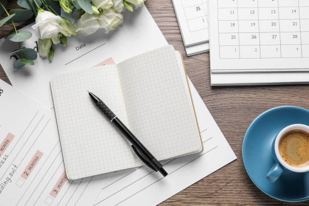 istock Flat lay composition with Wedding Planner on wooden table 1434132666
