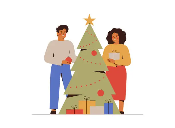 Vector illustration of Young couple prepare for Christmas holidays and decorate tree. Family  gathered together near festive fir.