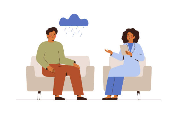 ilustrações de stock, clip art, desenhos animados e ícones de psychologist talk to patient at mental therapy session. young man in depression receives aid from counselor. - young men illustrations