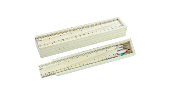 Wooden pencil case box with ruler lid and colour pencils isolated on white background,Office supplies,Crayon,stationary