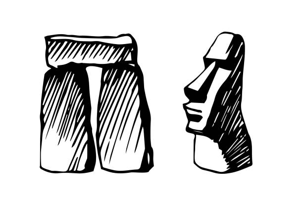 illustrazioni stock, clip art, cartoni animati e icone di tendenza di statua dell'isola di pasqua ed elemento stonehenge. monumenti turistici esotici. in inchiostro nero. - easter island moai statue chile sculpture